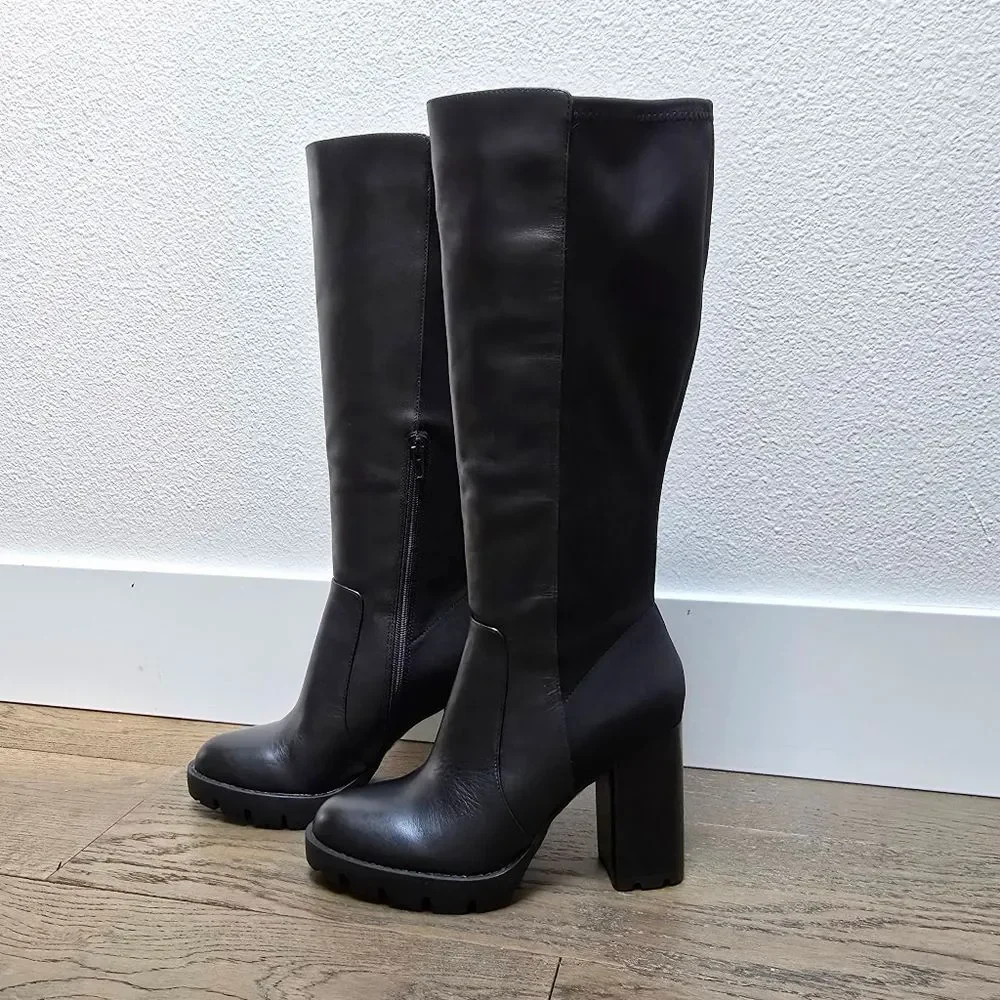 Charles David Gala Leather Tall Pointed Toe Lug Sole Block Heel Boot in Black
